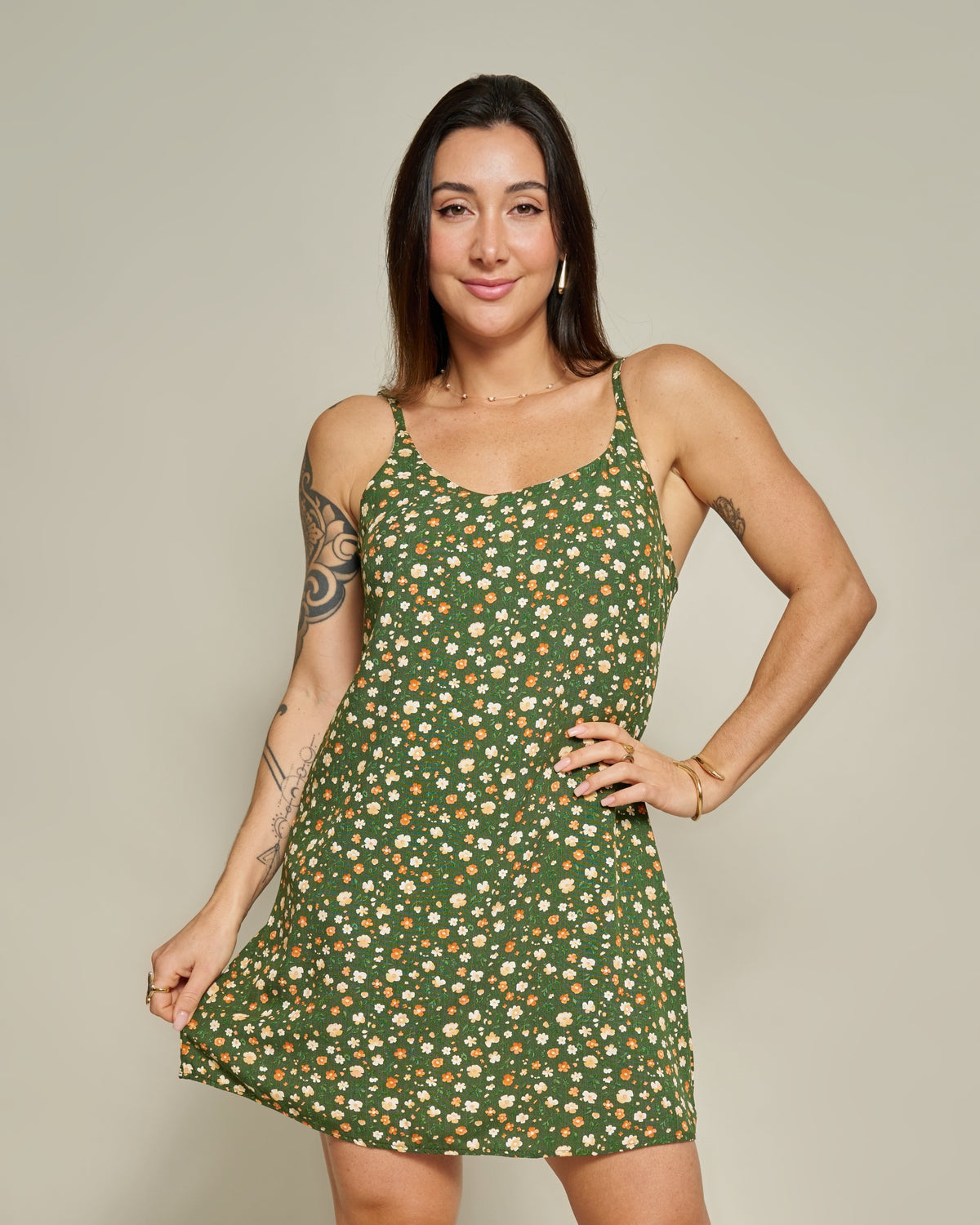 Macaquinho Vestido Floral Verde