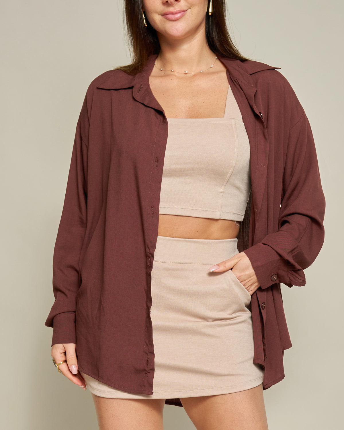 Camisa Oversized Viscolinho Marrom