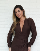 Body Transpassado Manga Longa Marrom