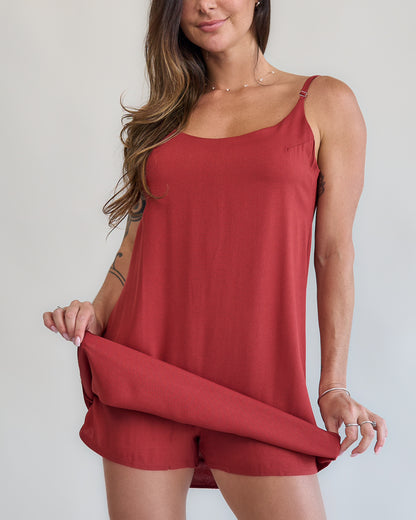 Vestido terra cota curto feminino look completo caimento fluido com short embutido