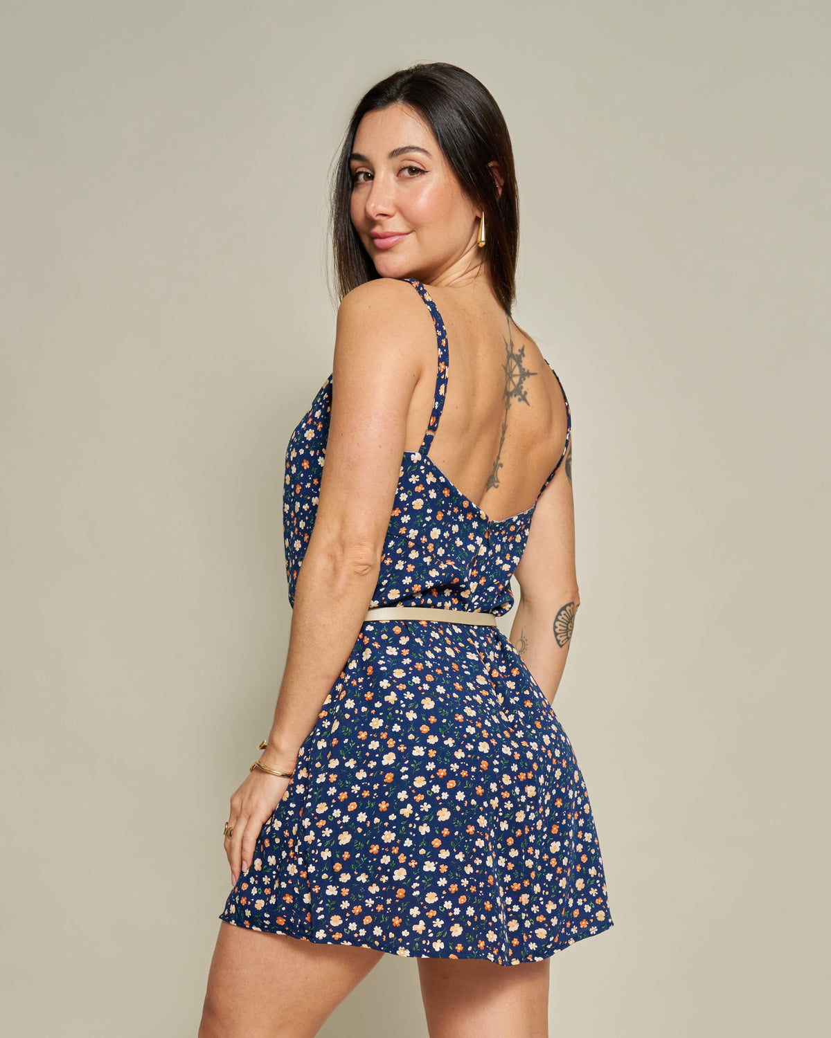 Macaquinho Vestido Floral Azul