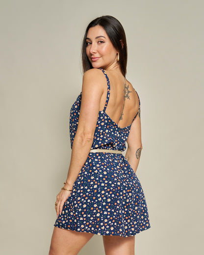Macaquinho Vestido Floral Azul