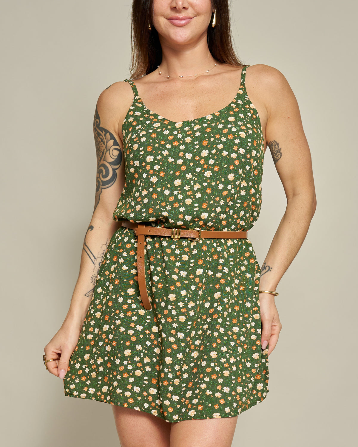 Macaquinho Vestido Floral Verde