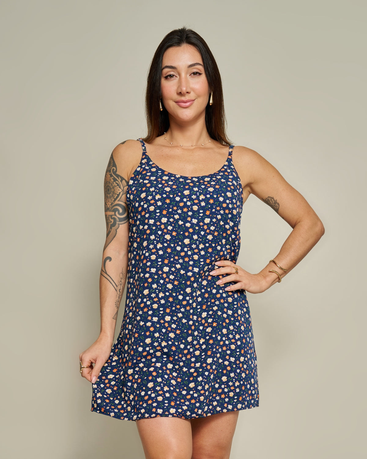 Macaquinho Vestido Floral Azul