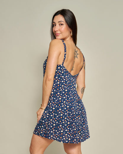Macaquinho Vestido Floral Azul