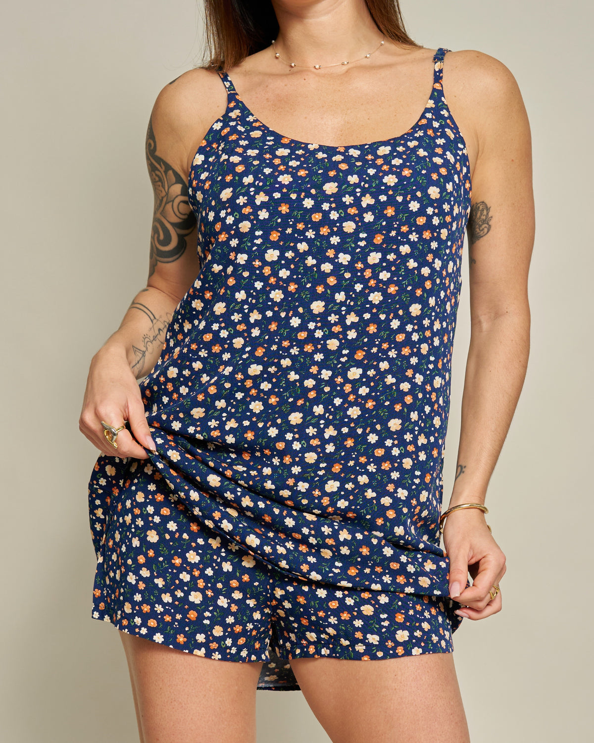 Macaquinho Vestido Floral Azul