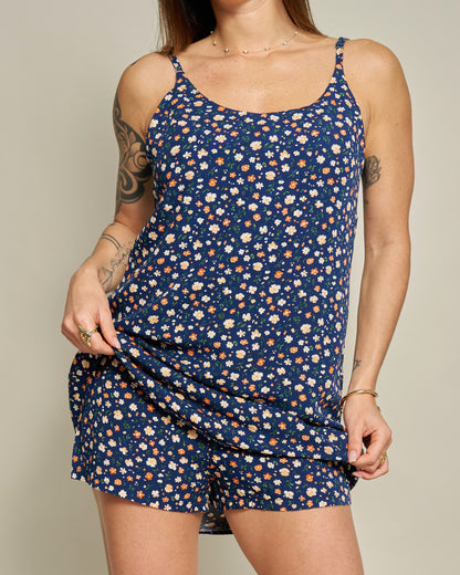 Macaquinho Vestido Floral Azul