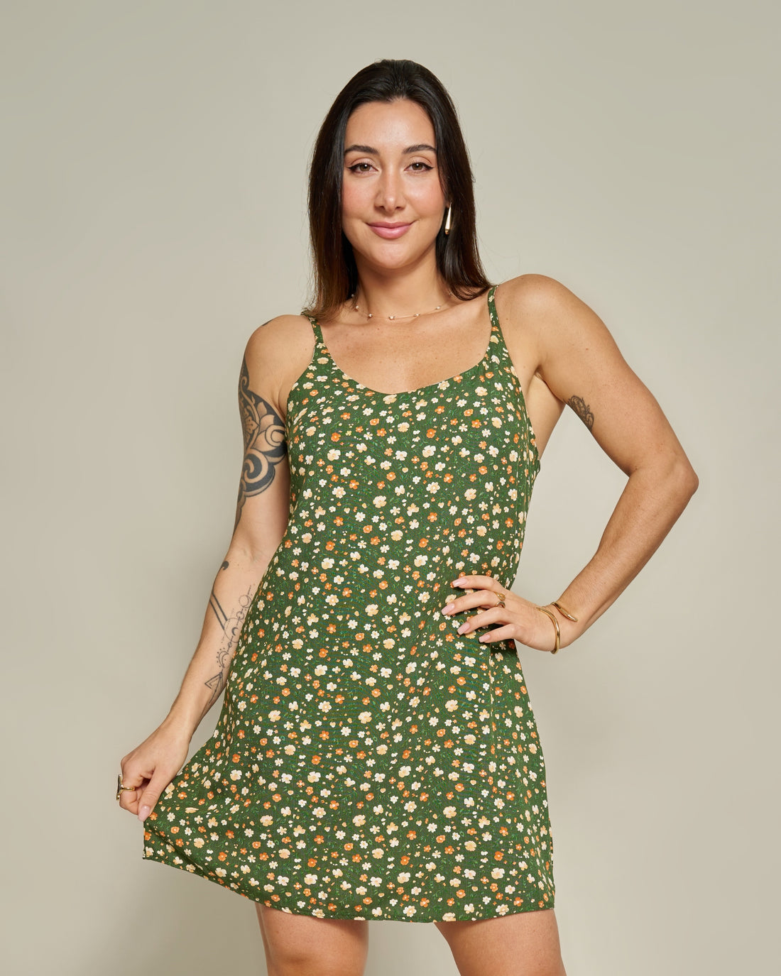 Macaquinho Vestido Floral Verde
