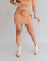 Short saia cargo capuccino feminino frente bolsos laterais cordão amarração bota bege