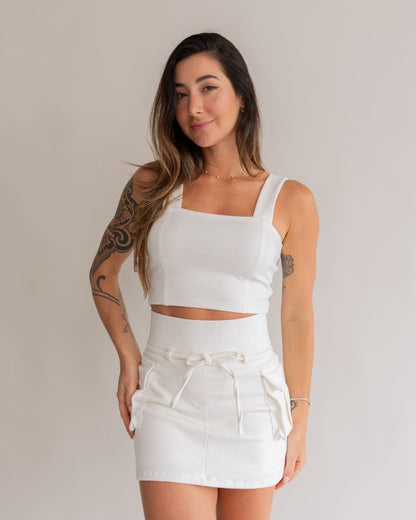 Saia curta cargo branca feminino look completo corpo inteiro conjunto top cargo