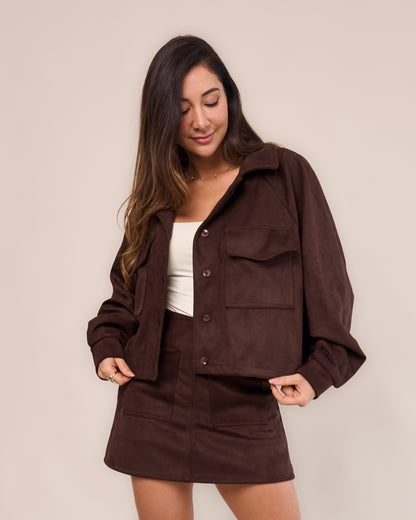 Short saia suede marrom feminino conjunto jaqueta over suede look completo elegante