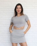 Cropped Celeste Cinza Manga Curta