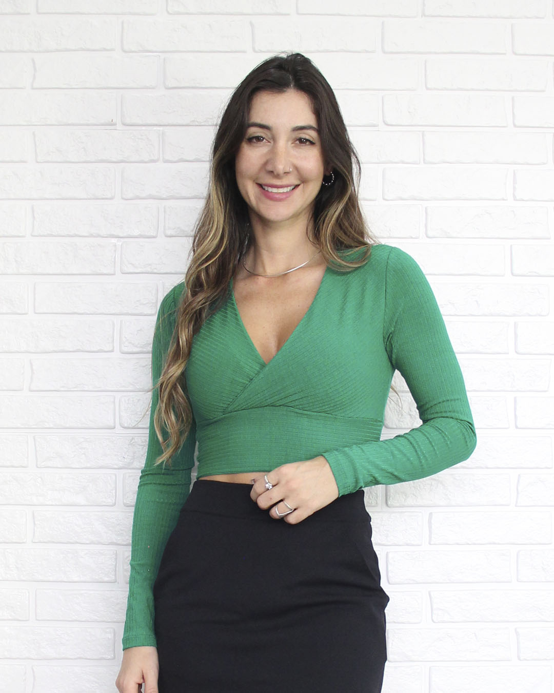 Blusa Transpassada Verde Manga Longa