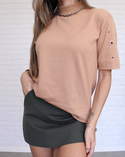 T-Shirt Ribana com Ilhós Capuccino